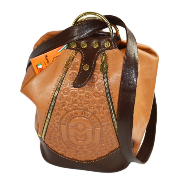 Marino Orlandi Cognac Chocolate Leather Embossed Convertible Sling Backpack - Picture 6 of 10
